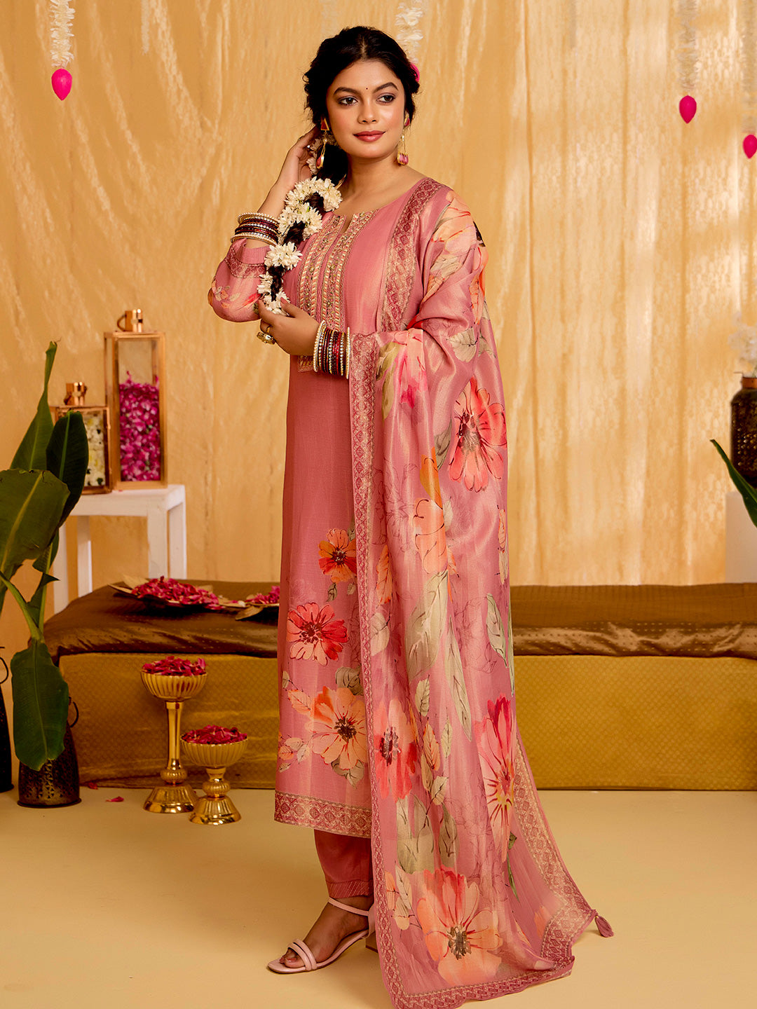 Floral Embroidered Straight Tissue Kurta & Trousers Sets