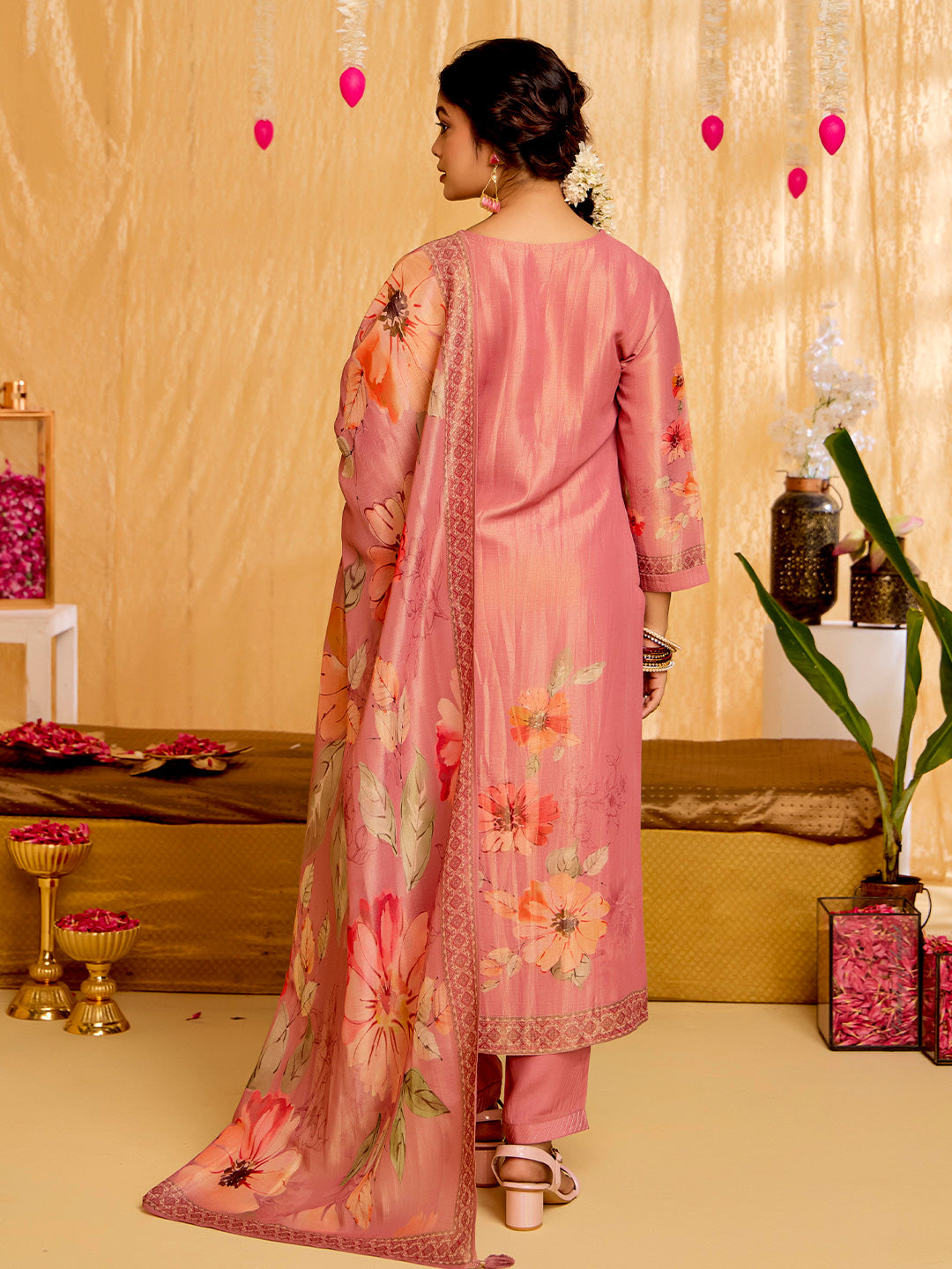 Floral Embroidered Straight Tissue Kurta & Trousers Sets