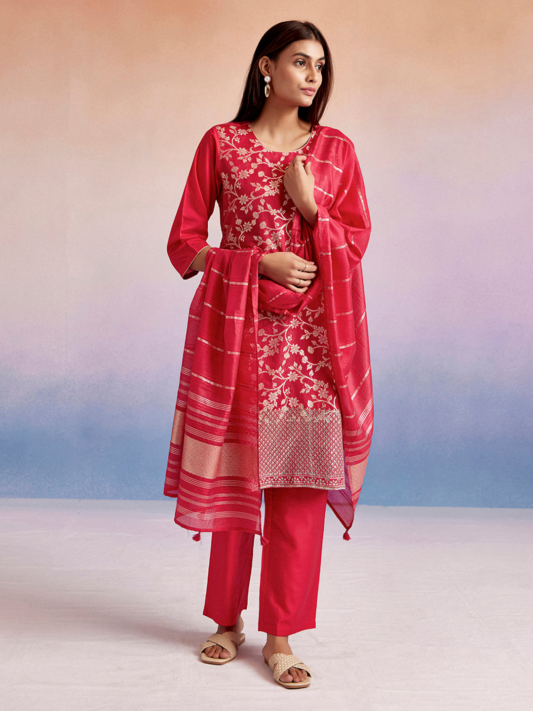 EMBROIDERED STRAIGHT KURTA WITH PANT & DUPATTA