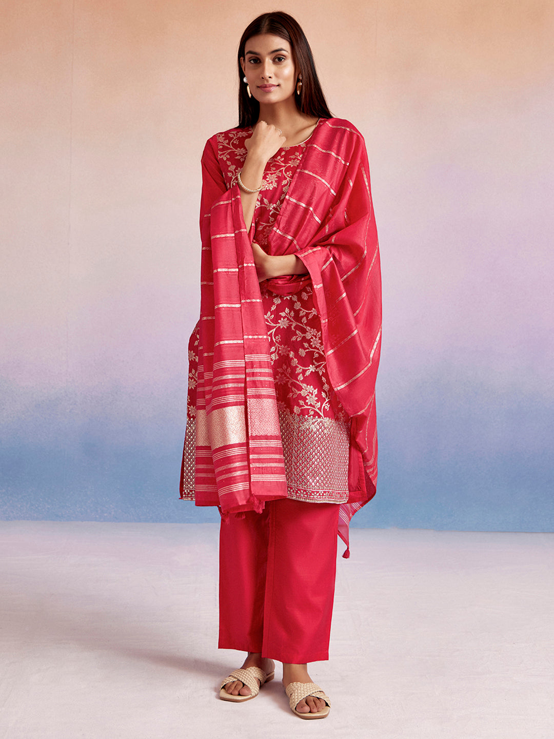 EMBROIDERED STRAIGHT KURTA WITH PANT & DUPATTA