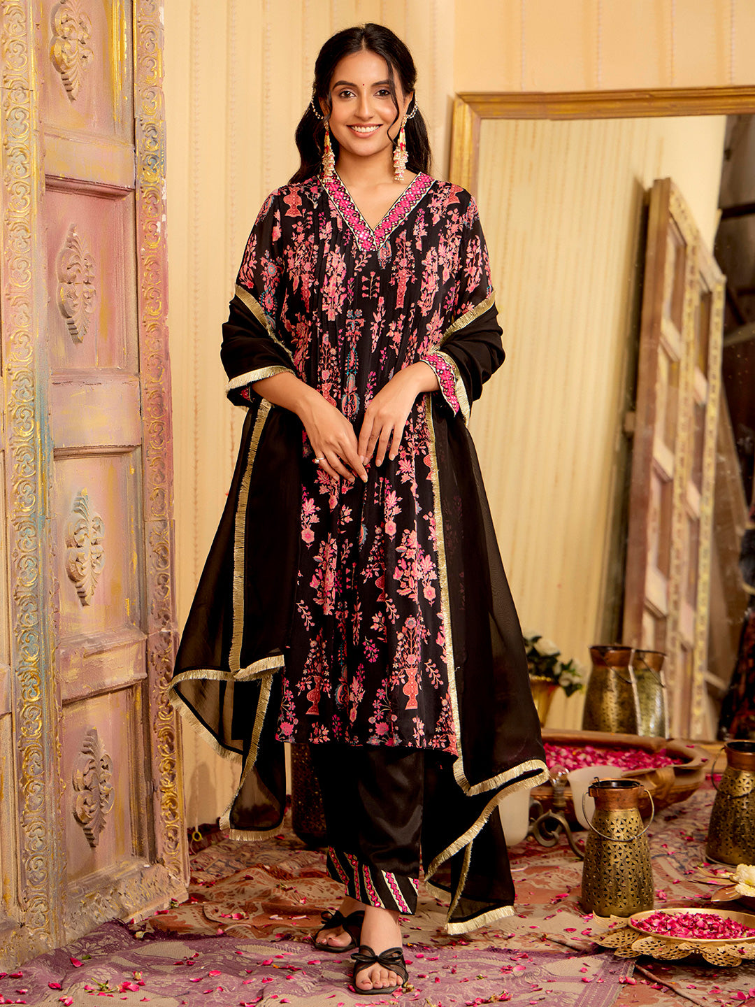 Floral Embroidered A-Line Chinon Kurta & Trousers Sets