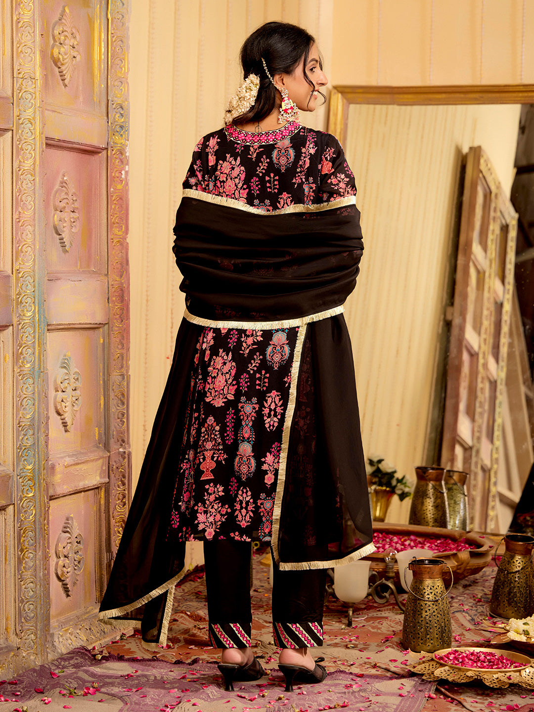 Floral Embroidered A-Line Chinon Kurta & Trousers Sets