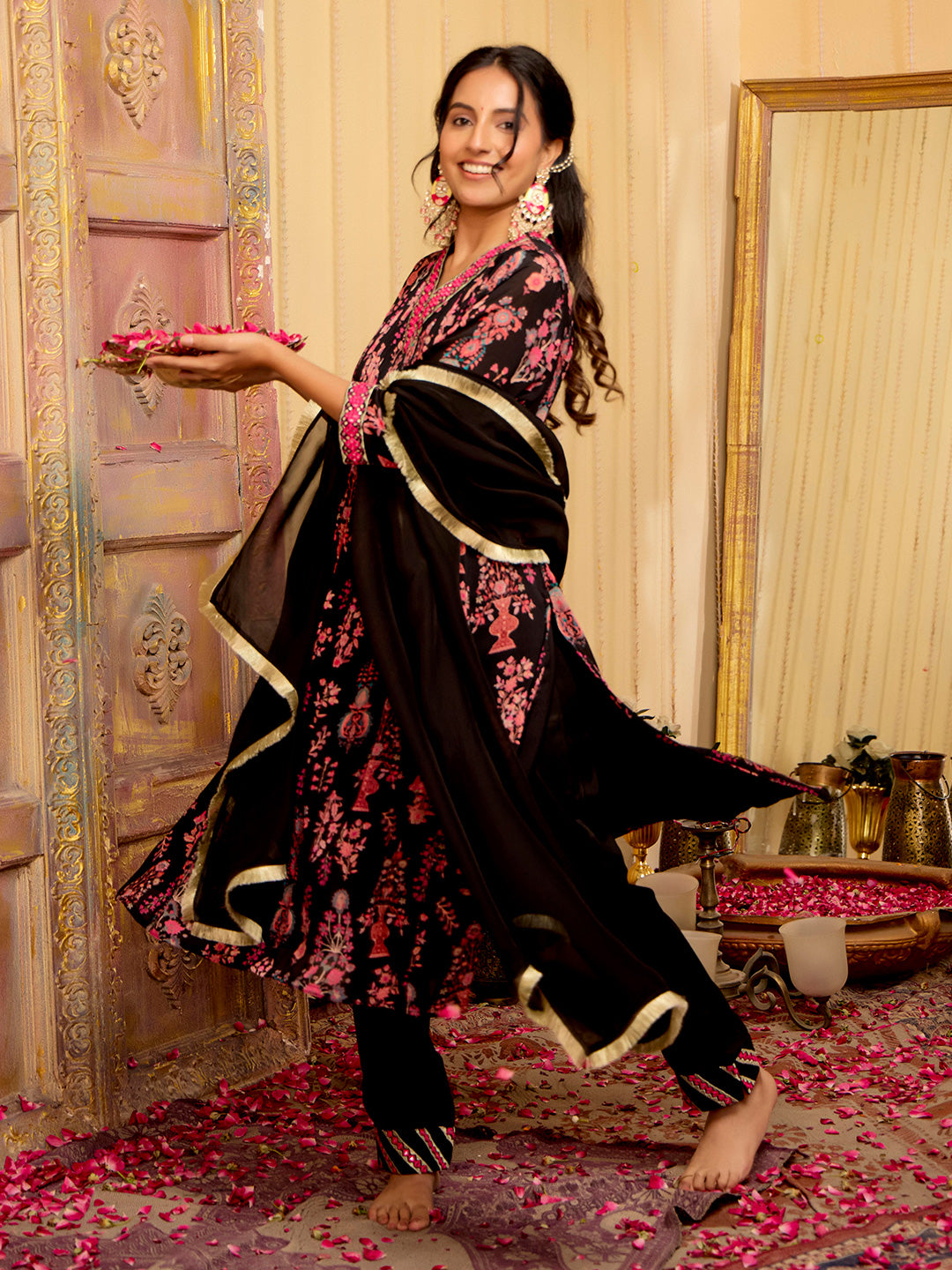 Floral Embroidered A-Line Chinon Kurta & Trousers Sets