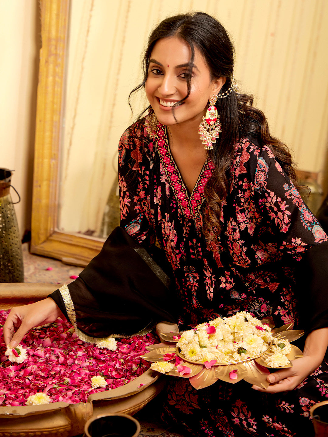 Floral Embroidered A-Line Chinon Kurta & Trousers Sets