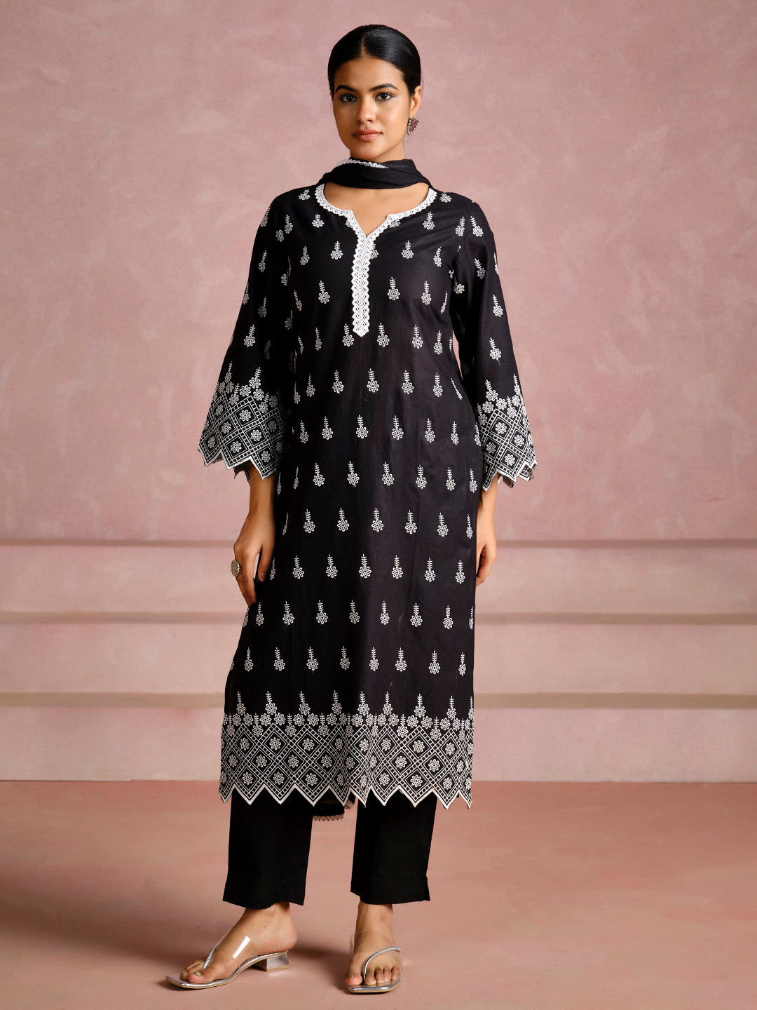 Cotton Schiffli Festive Kurta Set With Dupatta