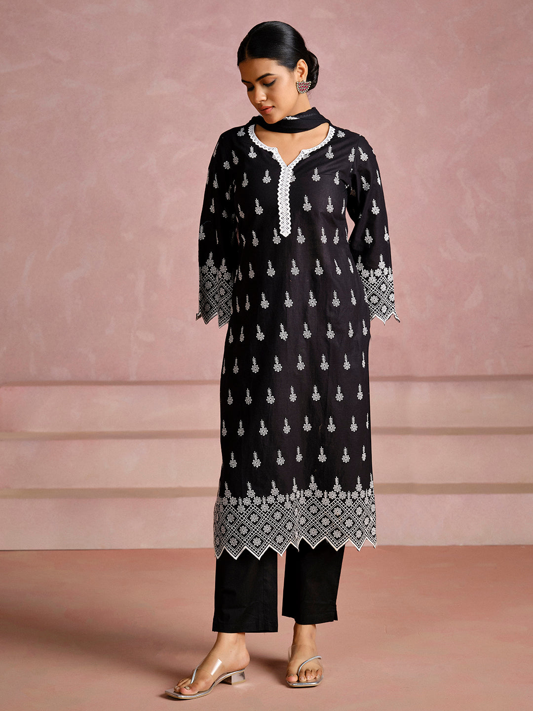Cotton Schiffli Festive Kurta Set With Dupatta
