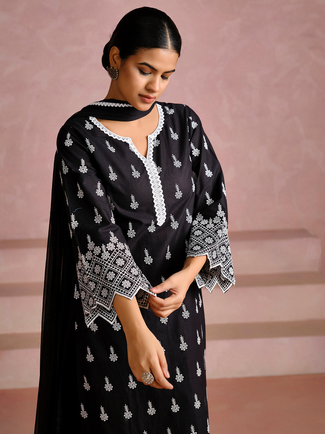 Cotton Schiffli Festive Kurta Set With Dupatta