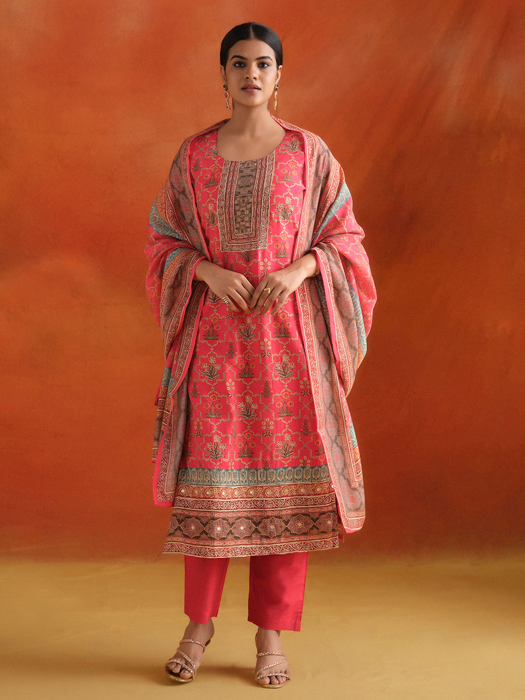 Embellished Ethnic Printed Festive Kurta Set With Dupatta