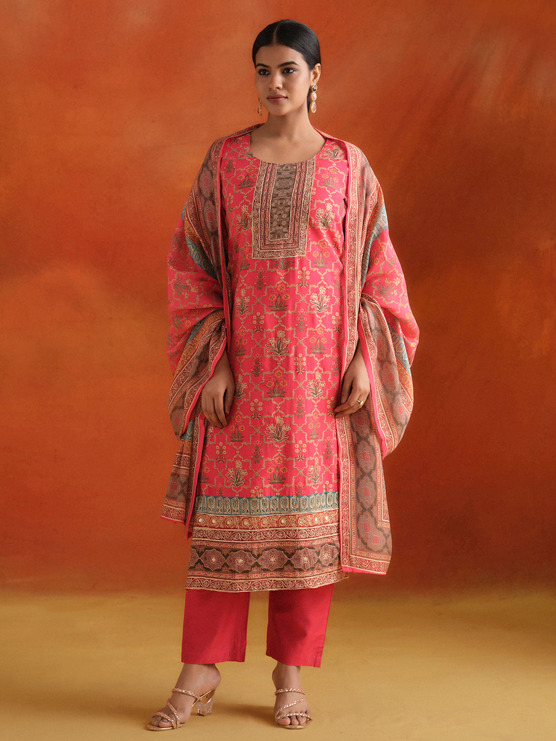 Embellished Ethnic Printed Festive Kurta Set With Dupatta