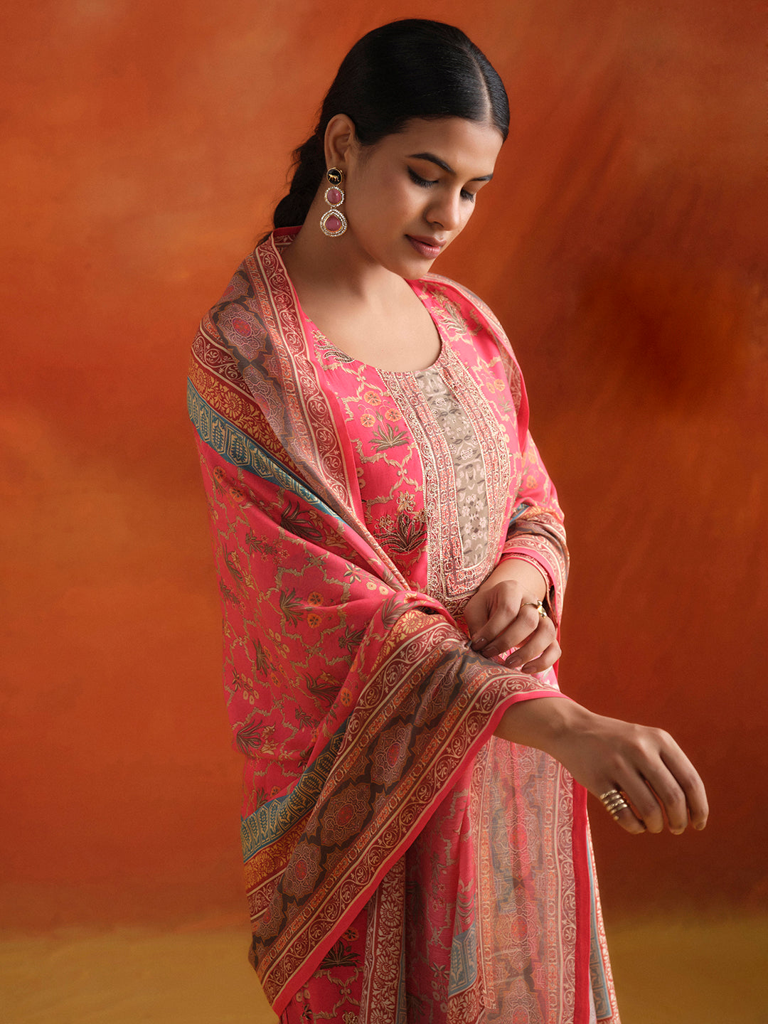 Embellished Ethnic Printed Festive Kurta Set With Dupatta