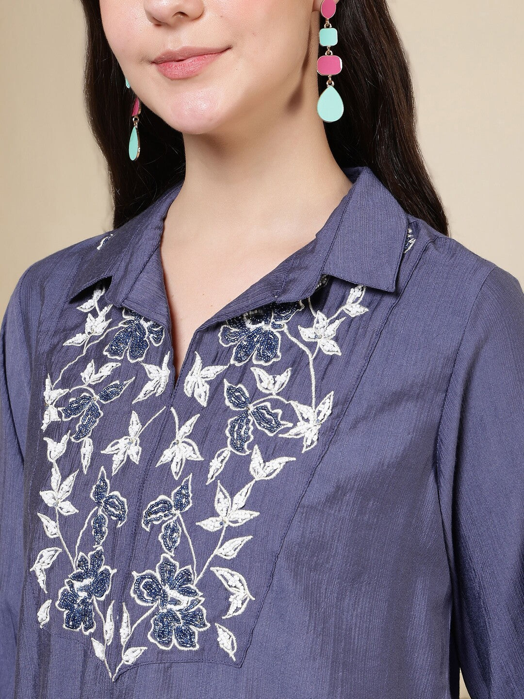 Solid Embroidered Straight Kurta & Trousers Sets