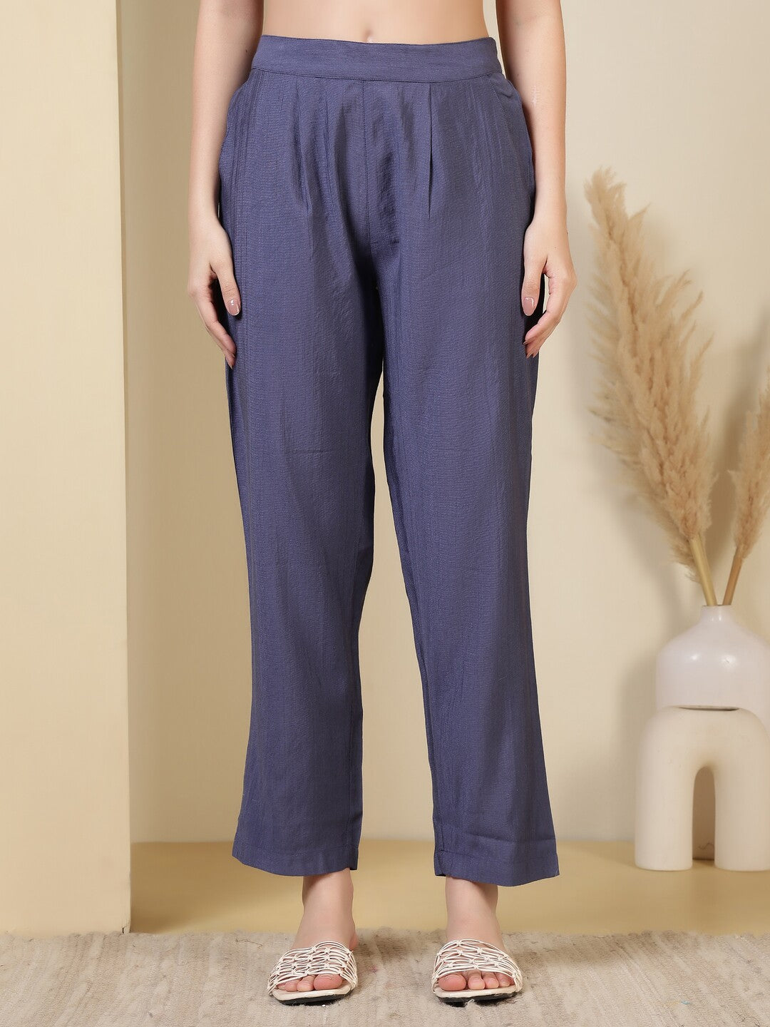 Solid Embroidered Straight Kurta & Trousers Sets