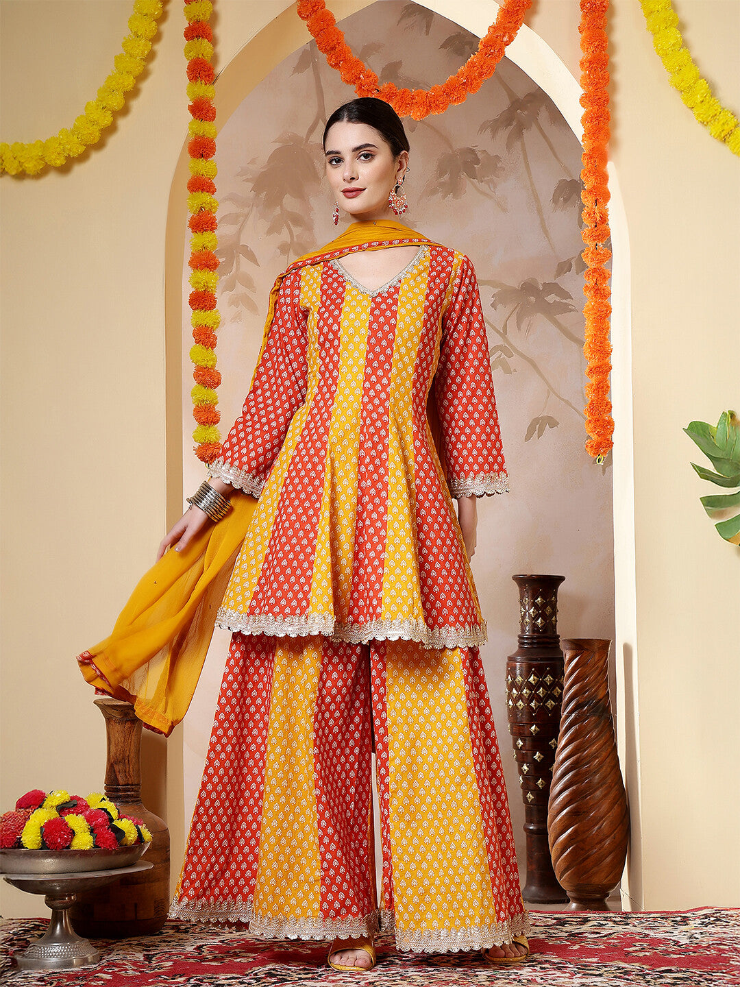 Floral Embroidered A-Line Pure Cotton Kurta & Sharara Sets
