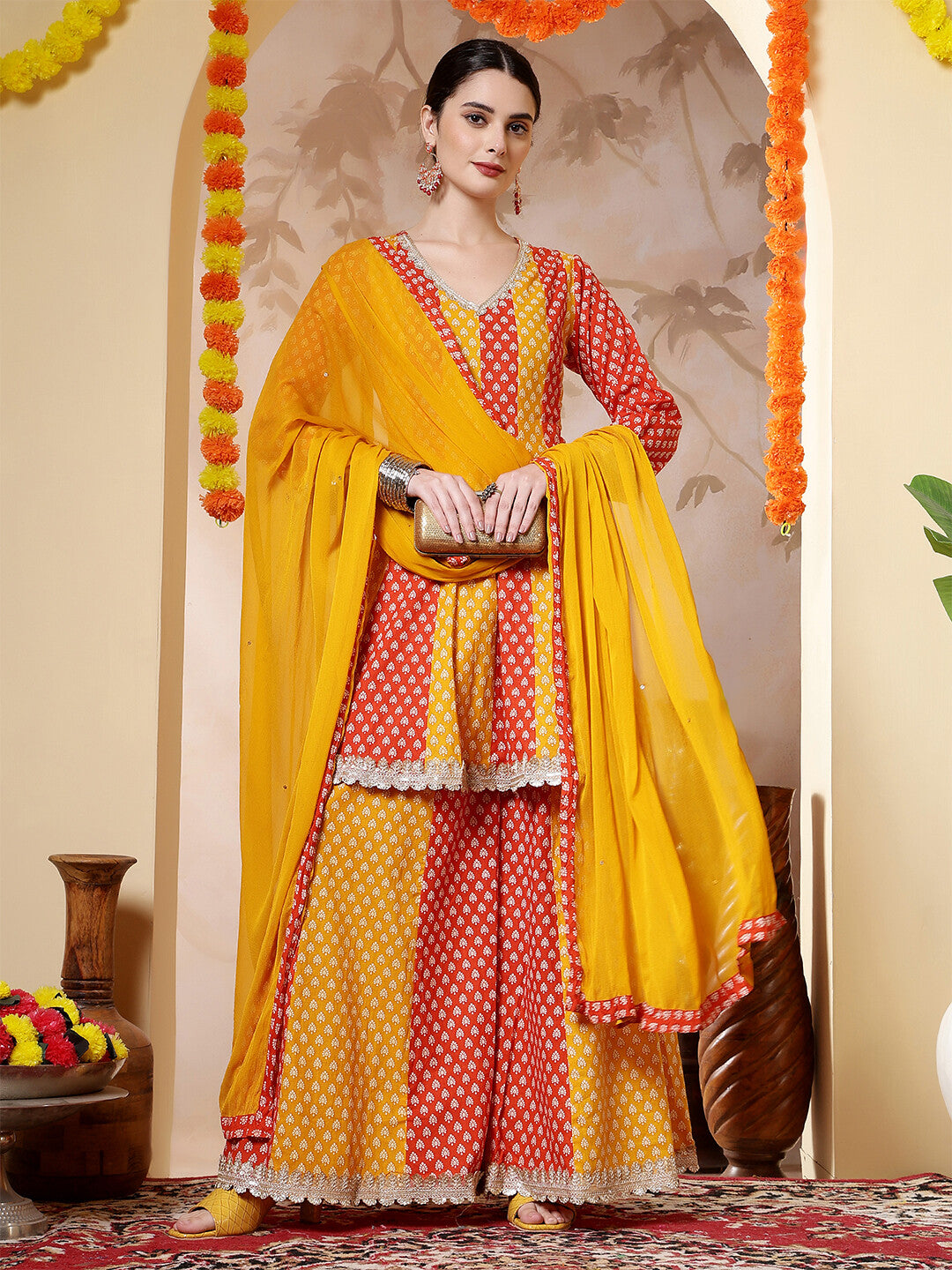 Floral Embroidered A-Line Pure Cotton Kurta & Sharara Sets