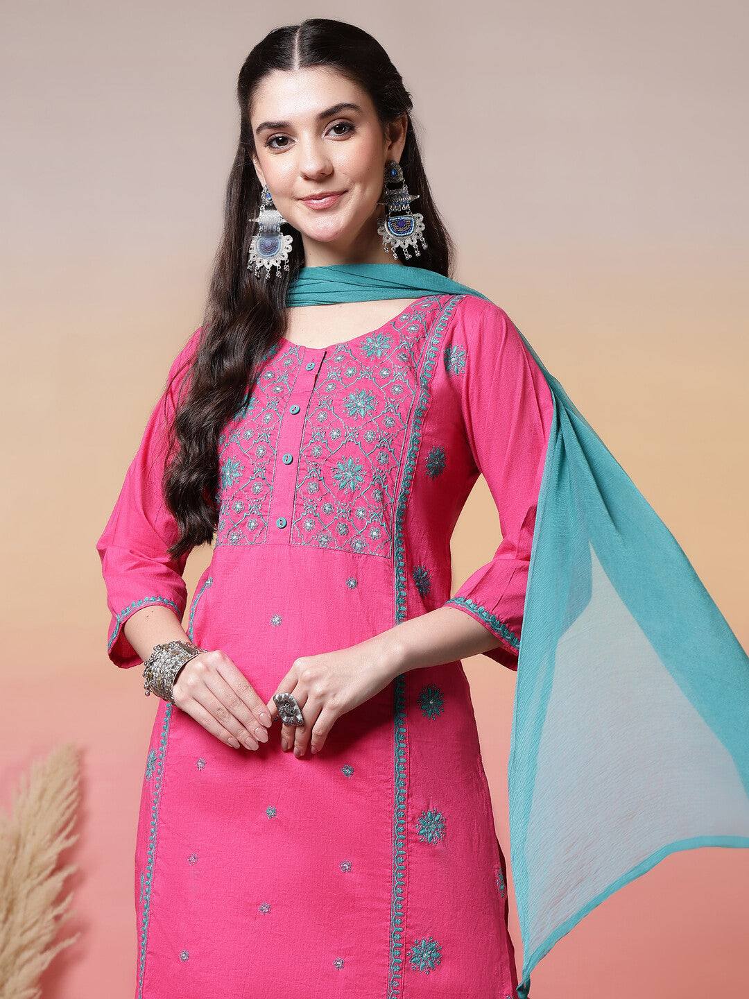Floral Embroidered Straight Pure Cotton Kurta & Trousers Sets