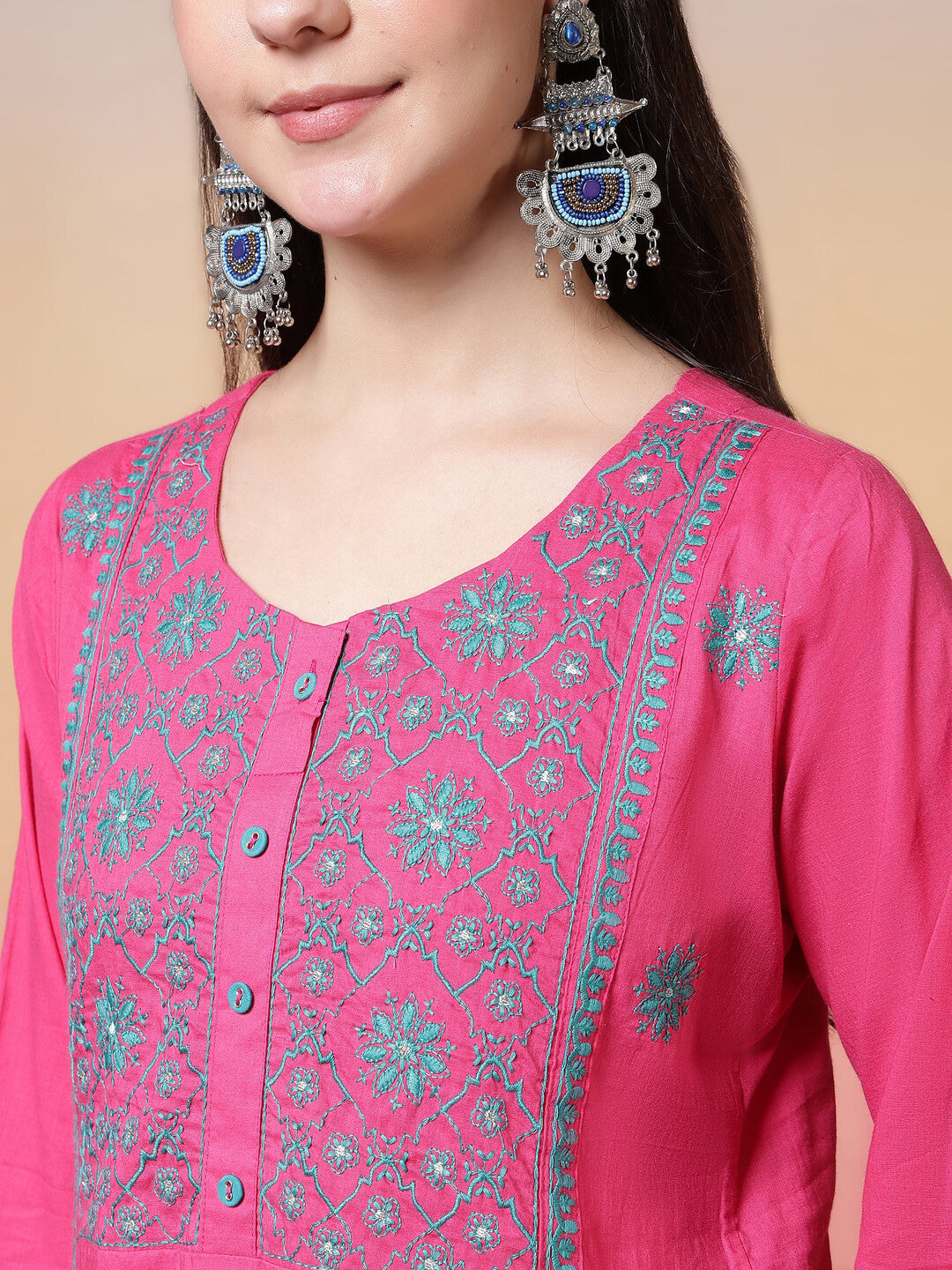 Floral Embroidered Straight Pure Cotton Kurta & Trousers Sets