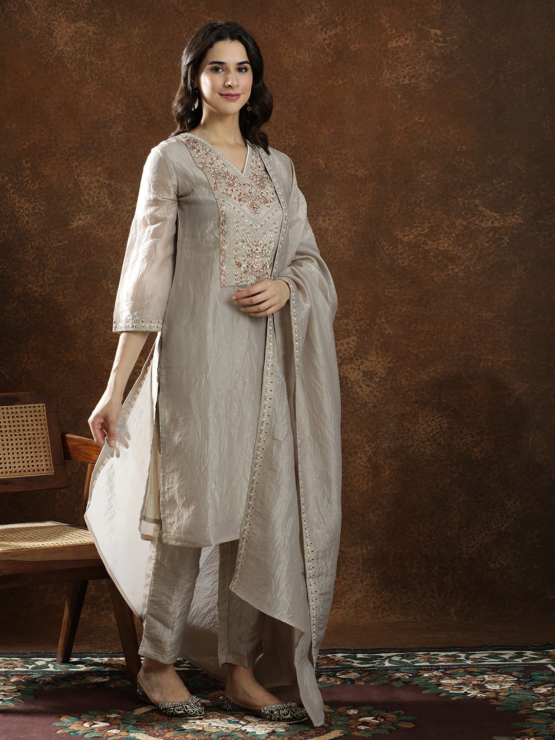 Floral Embroidered Straight Kurta & Trousers Sets
