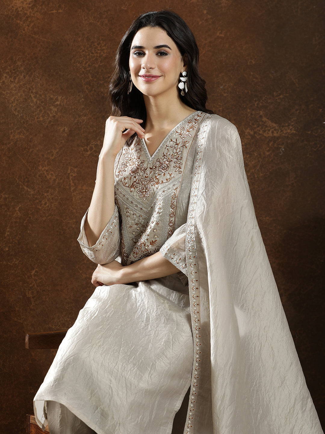 Floral Embroidered Straight Kurta & Trousers Sets