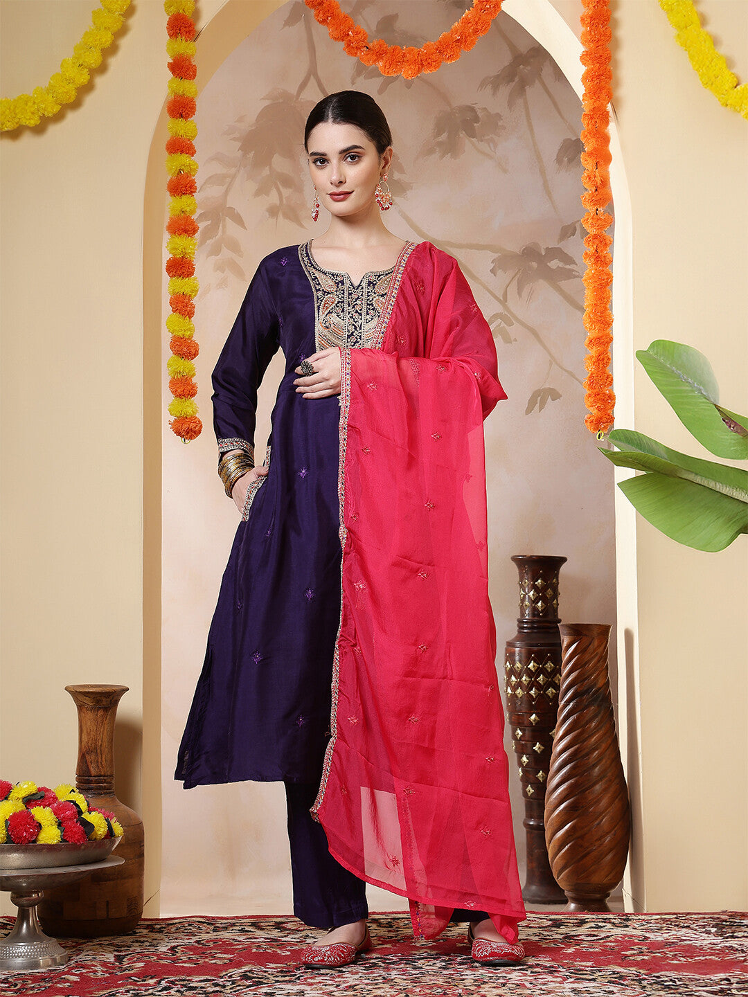 Floral Embroidered Straight Kurta & Trousers Sets