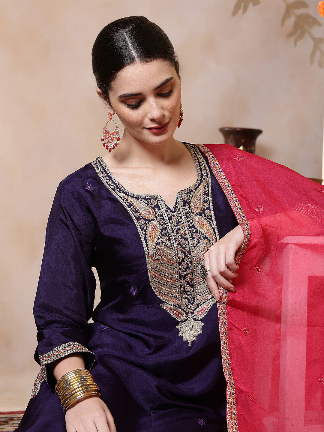Floral Embroidered Straight Kurta & Trousers Sets