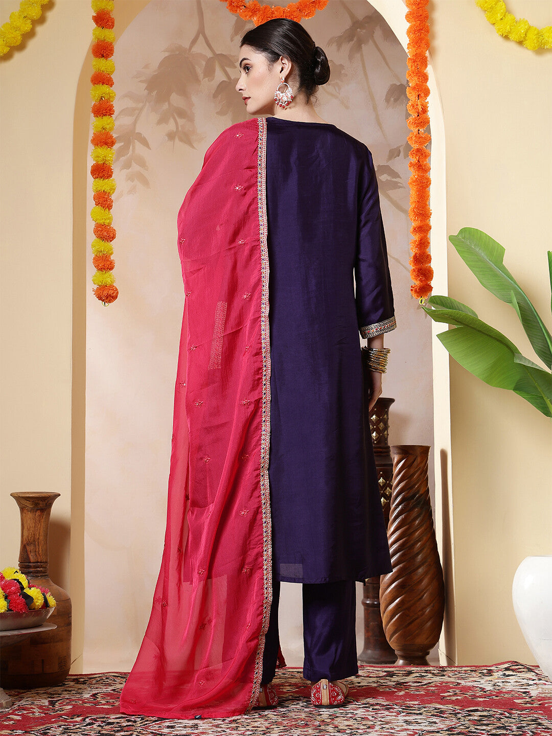 Floral Embroidered Straight Kurta & Trousers Sets