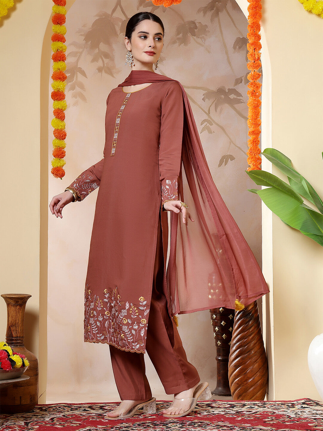 Floral Embroidered Straight Kurta & Trousers Sets