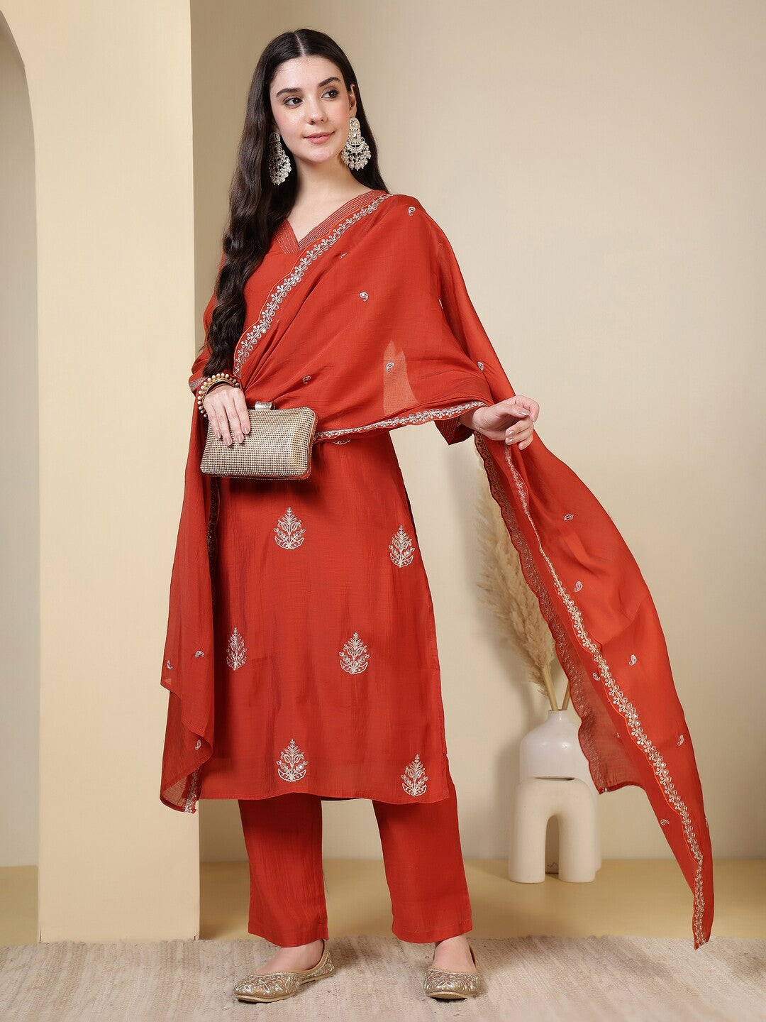 Floral Embroidered Straight Kurta & Trousers Sets
