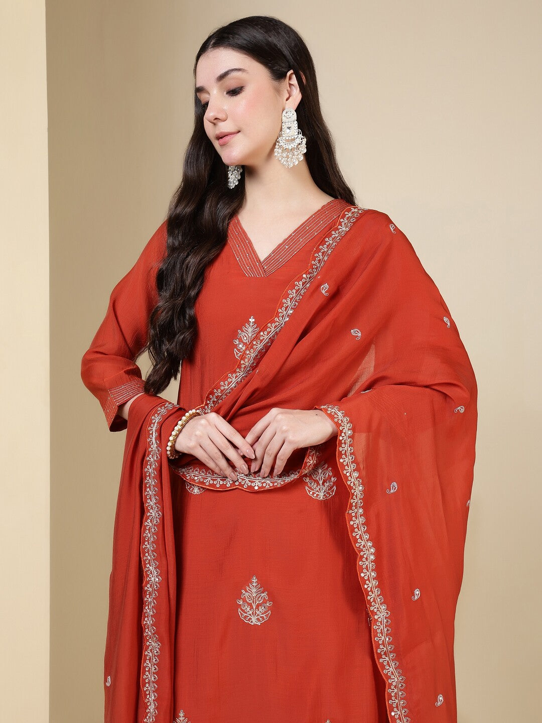 Floral Embroidered Straight Kurta & Trousers Sets