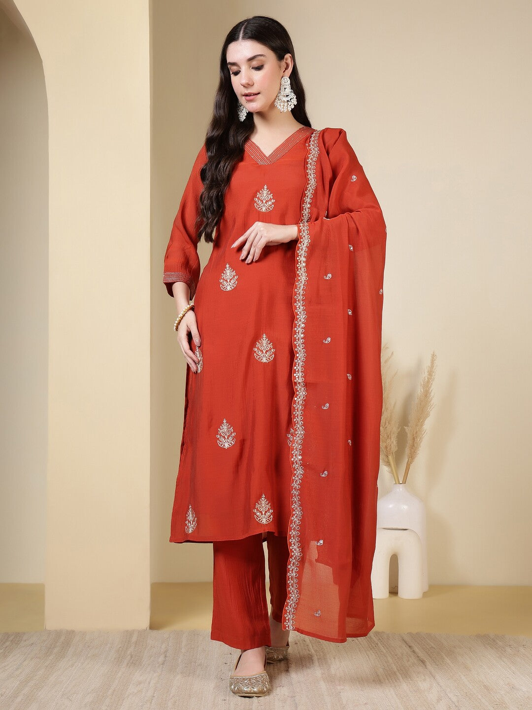 Floral Embroidered Straight Kurta & Trousers Sets