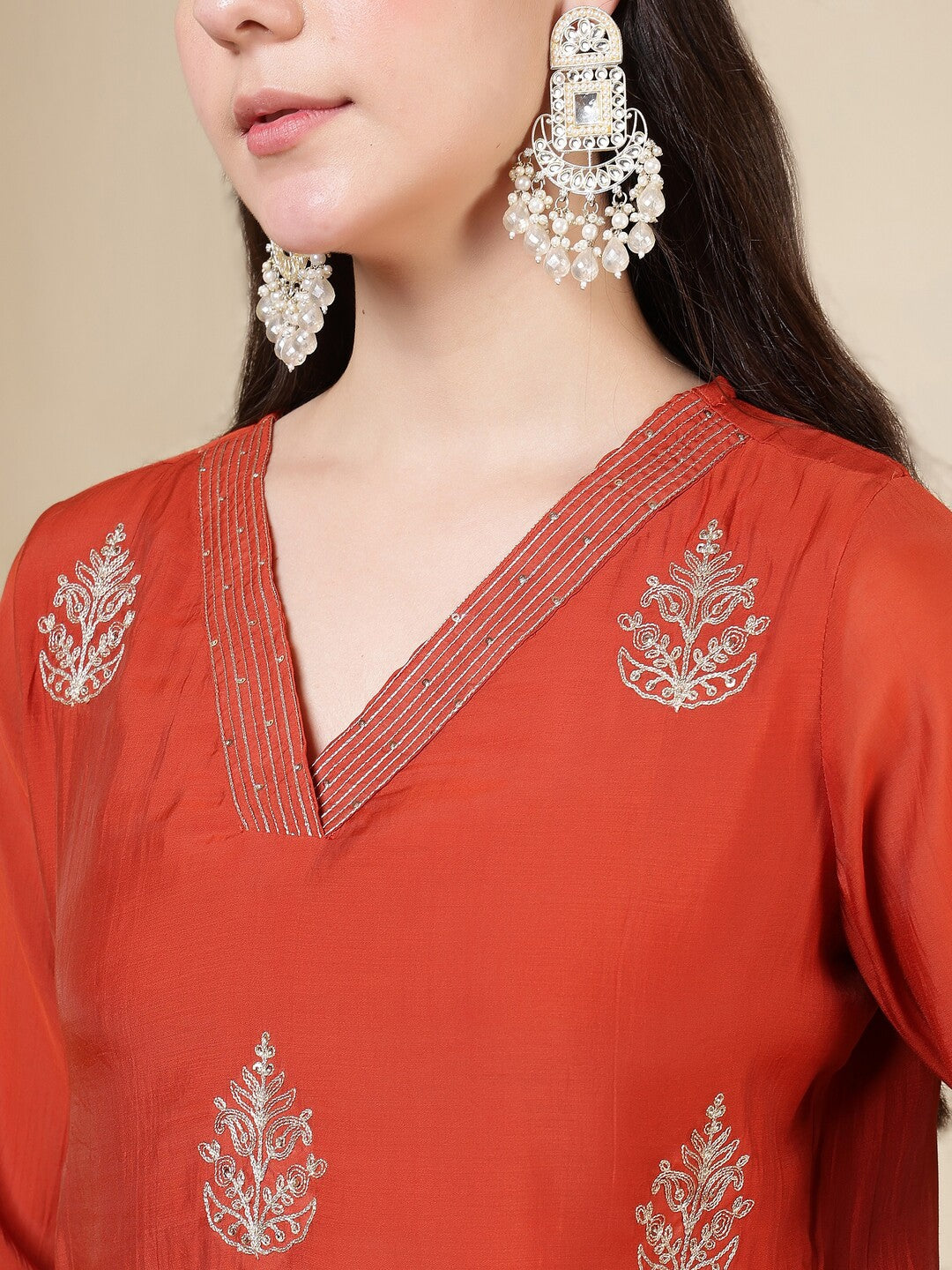 Floral Embroidered Straight Kurta & Trousers Sets