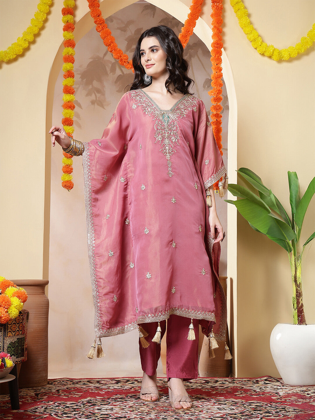 Floral Embroidered Kaftan Kurta & Trousers Sets