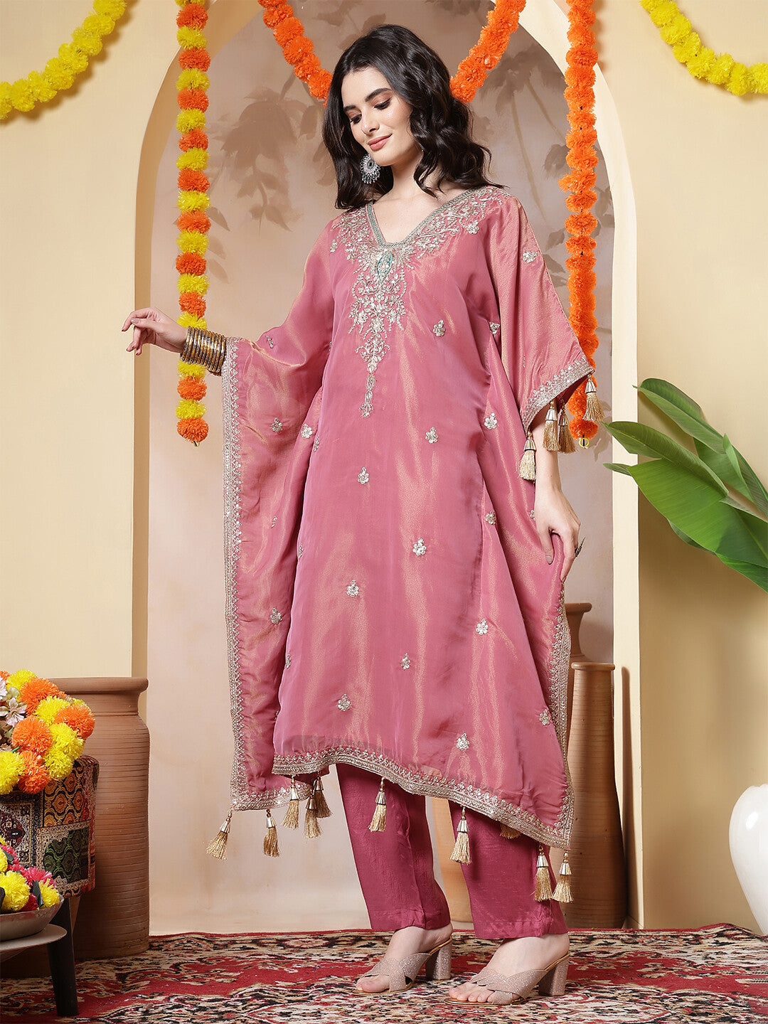 Floral Embroidered Kaftan Kurta & Trousers Sets