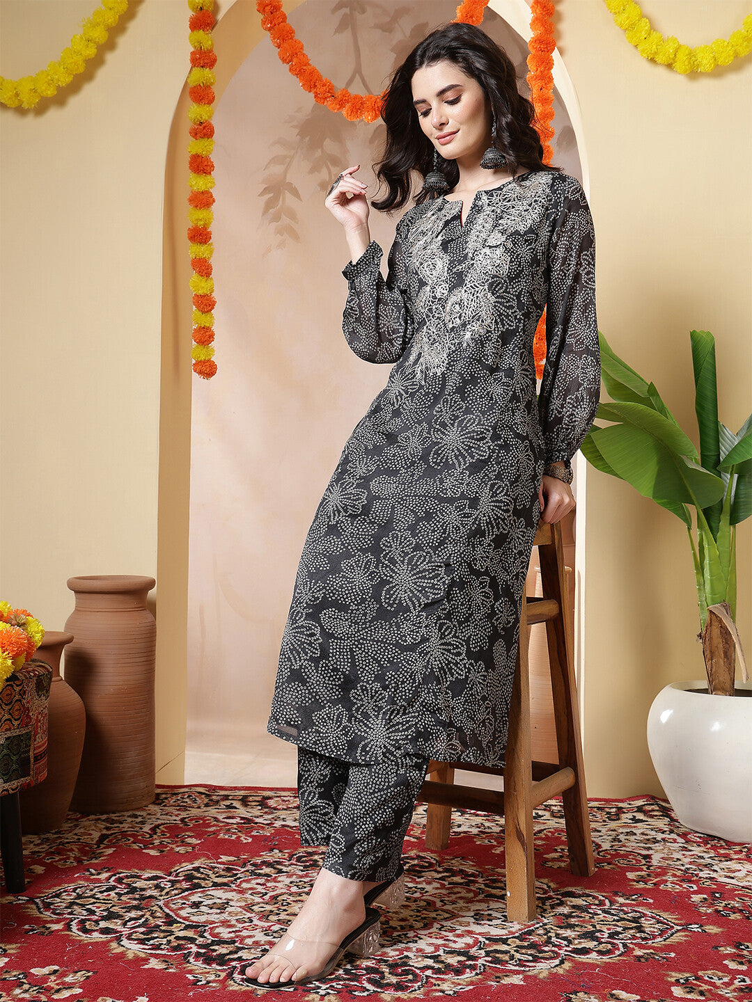Bandhani Embroidered Straight Kurta & Trousers Sets