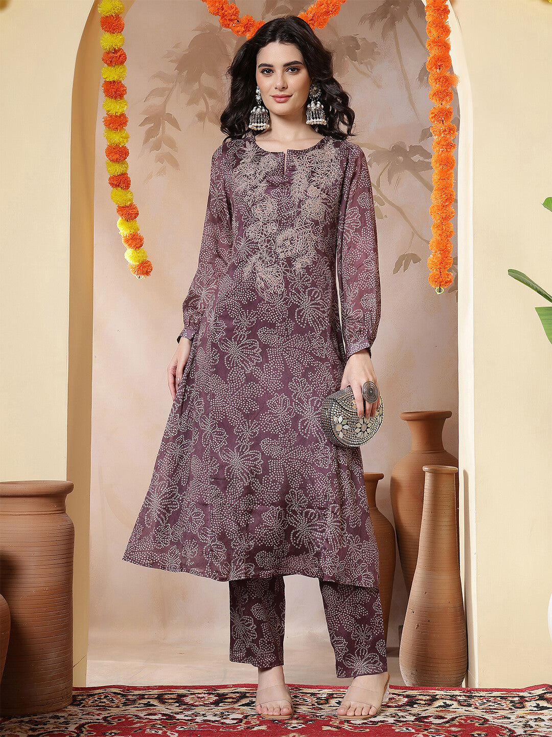 Bandhani Embroidered Straight Kurta & Trousers Sets