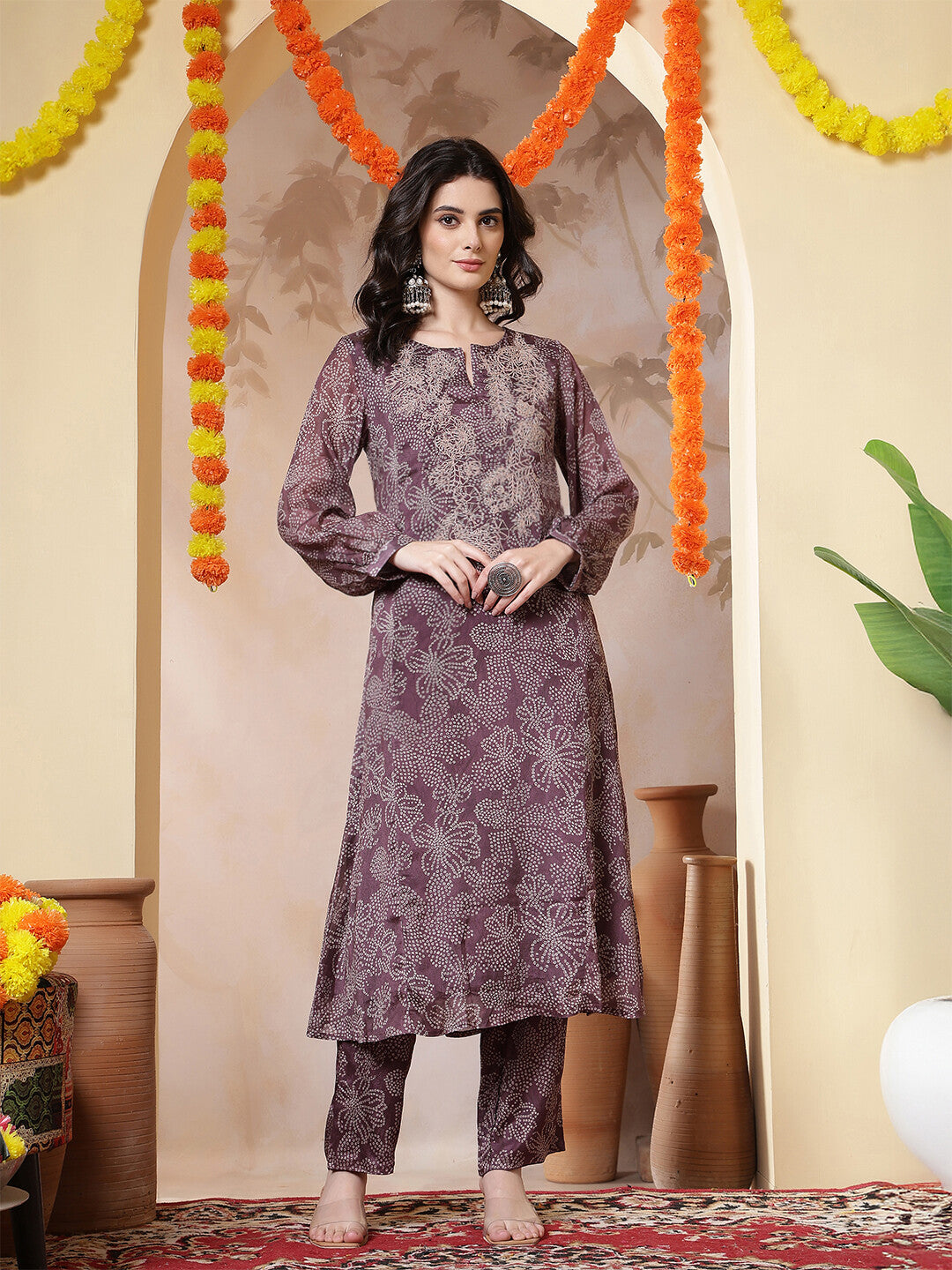 Bandhani Embroidered Straight Kurta & Trousers Sets