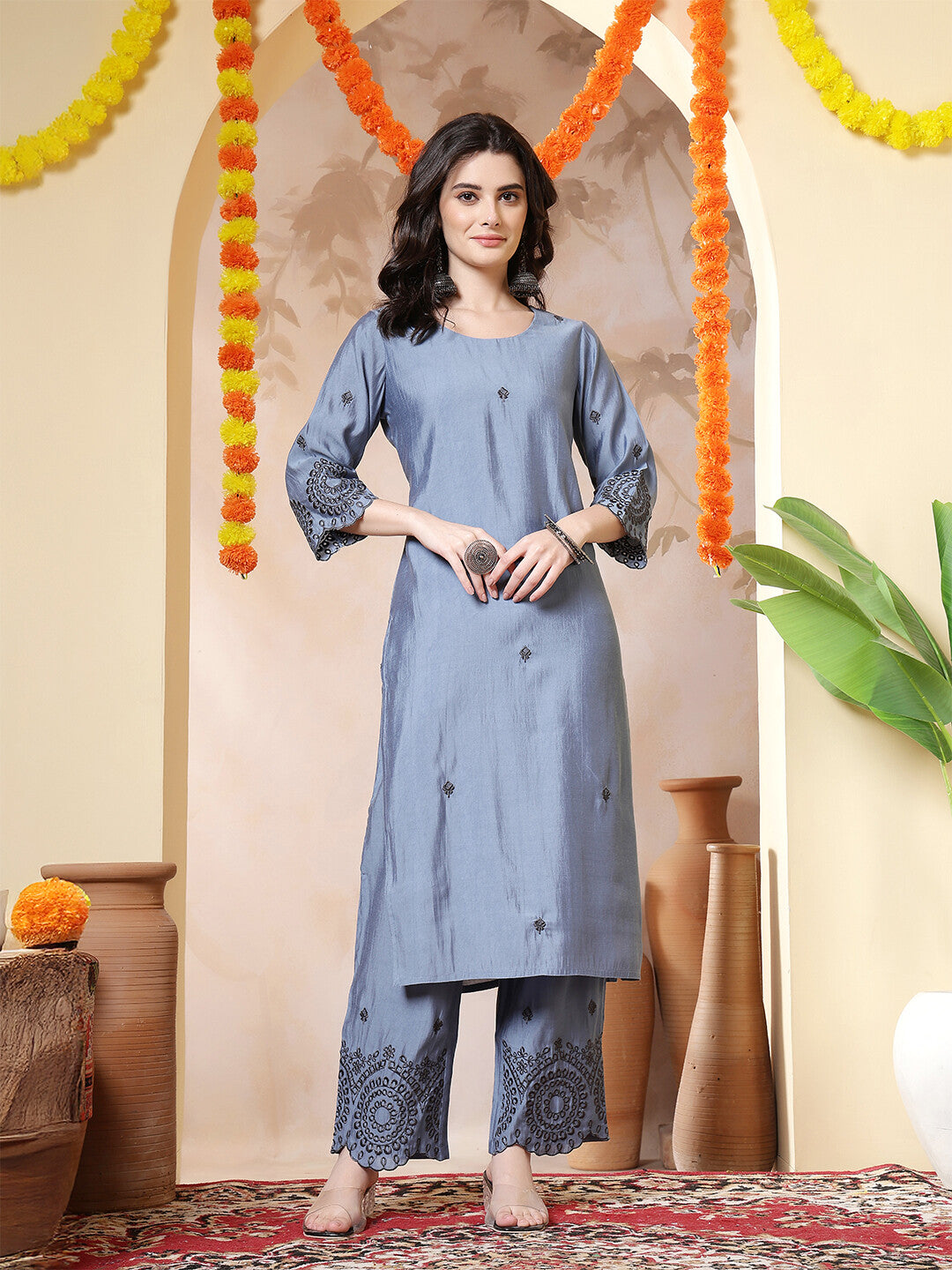 Floral Embroidered Straight Kurta & Trousers Sets