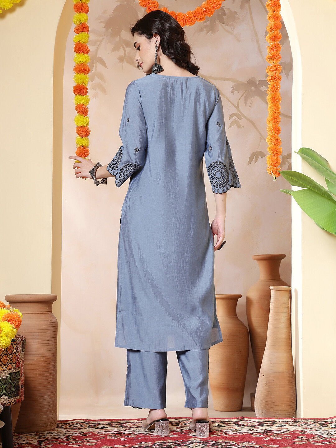 Floral Embroidered Straight Kurta & Trousers Sets