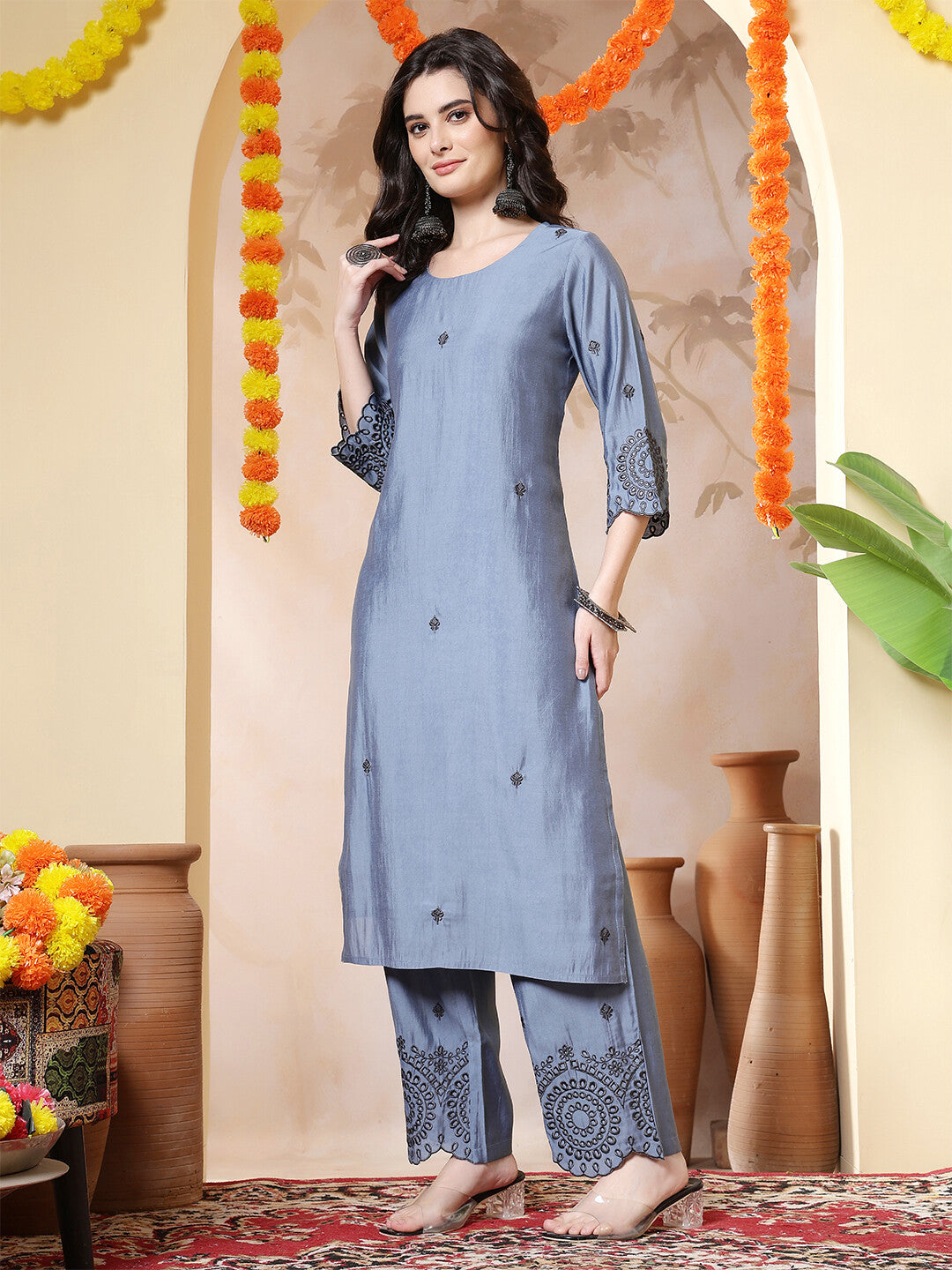 Floral Embroidered Straight Kurta & Trousers Sets