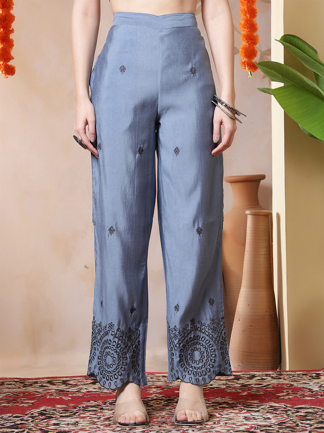Floral Embroidered Straight Kurta & Trousers Sets