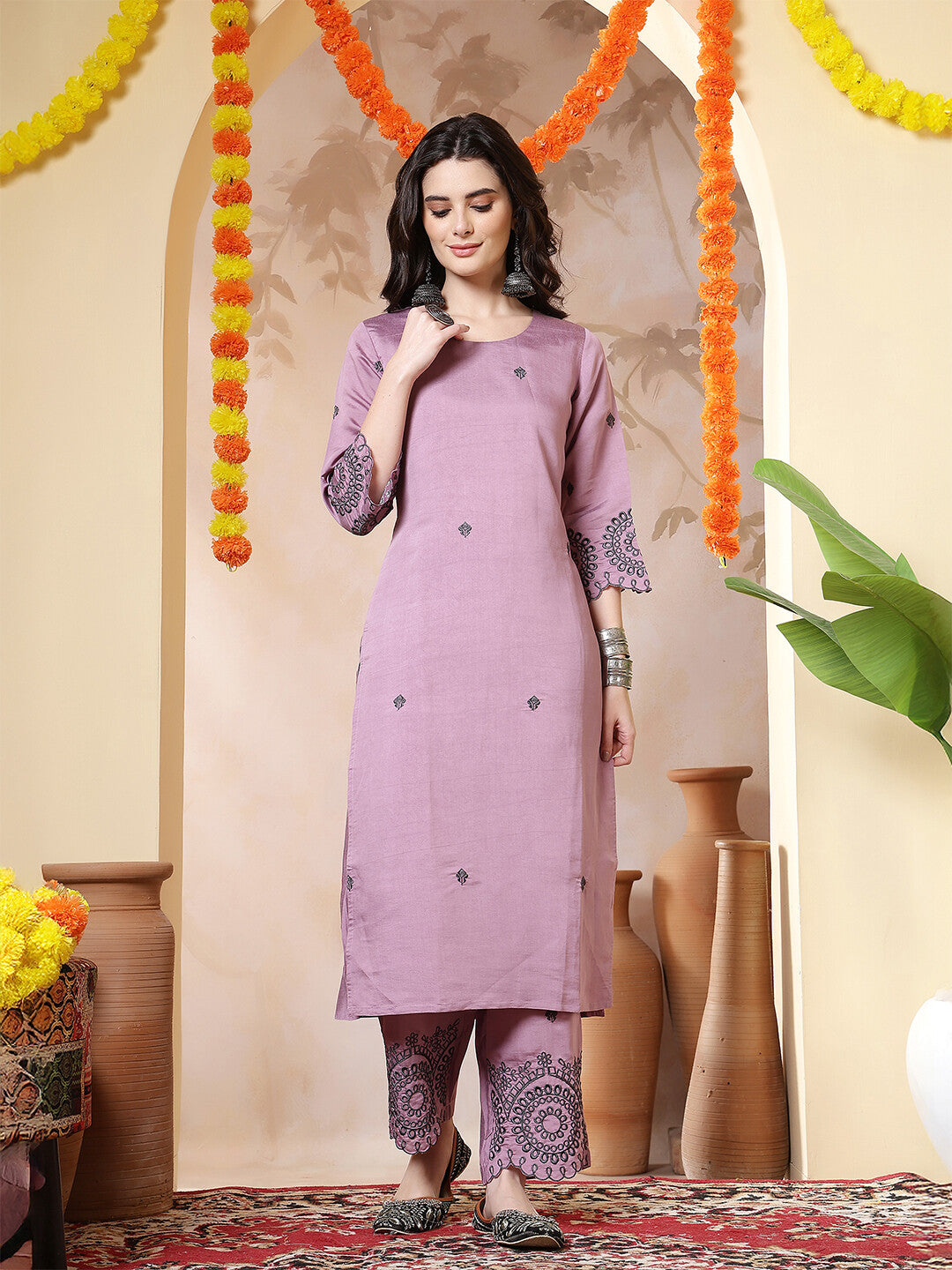 Floral Embroidered Straight Kurta & Trousers Sets