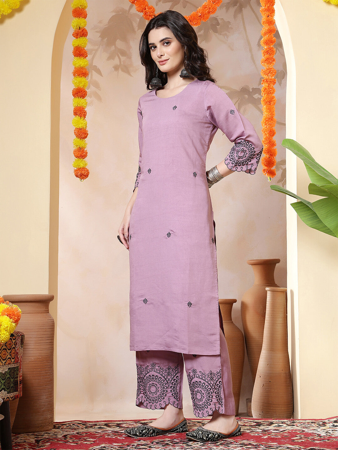 Floral Embroidered Straight Kurta & Trousers Sets