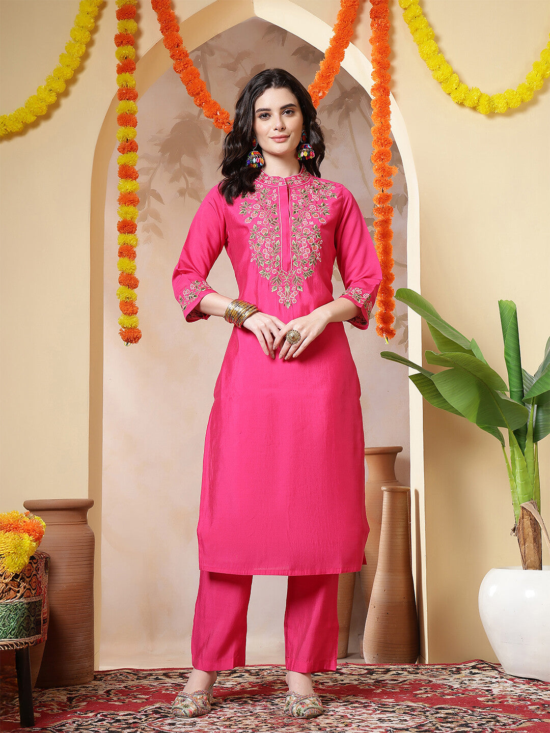 Floral Embroidered Straight Kurta & Trousers Sets