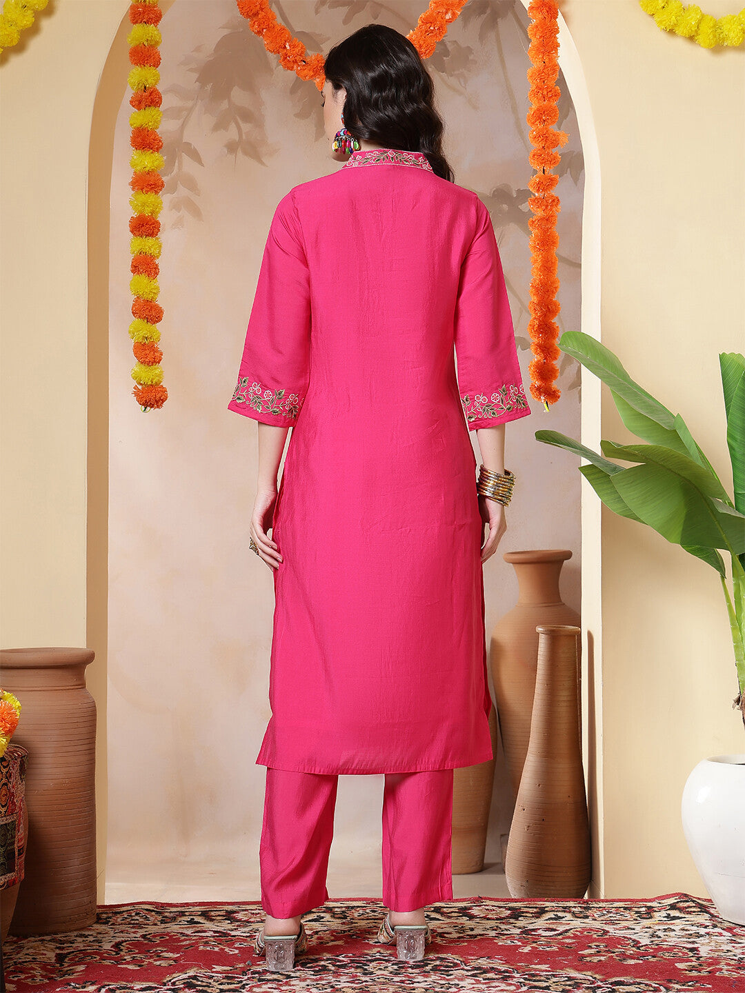 Floral Embroidered Straight Kurta & Trousers Sets