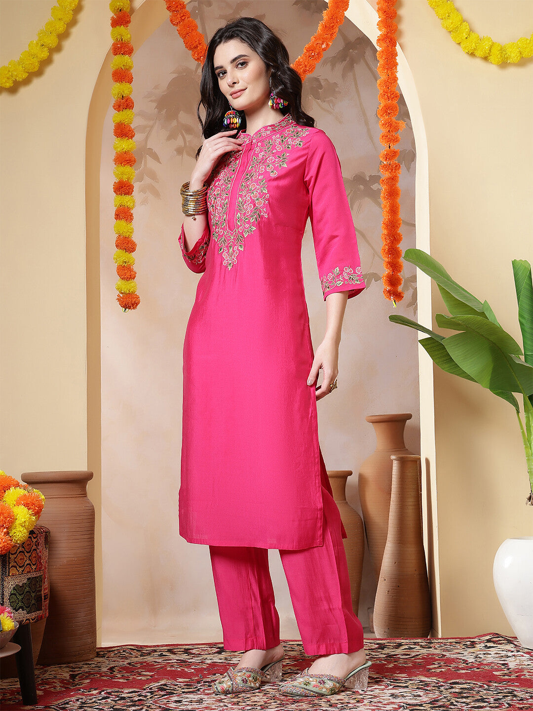 Floral Embroidered Straight Kurta & Trousers Sets