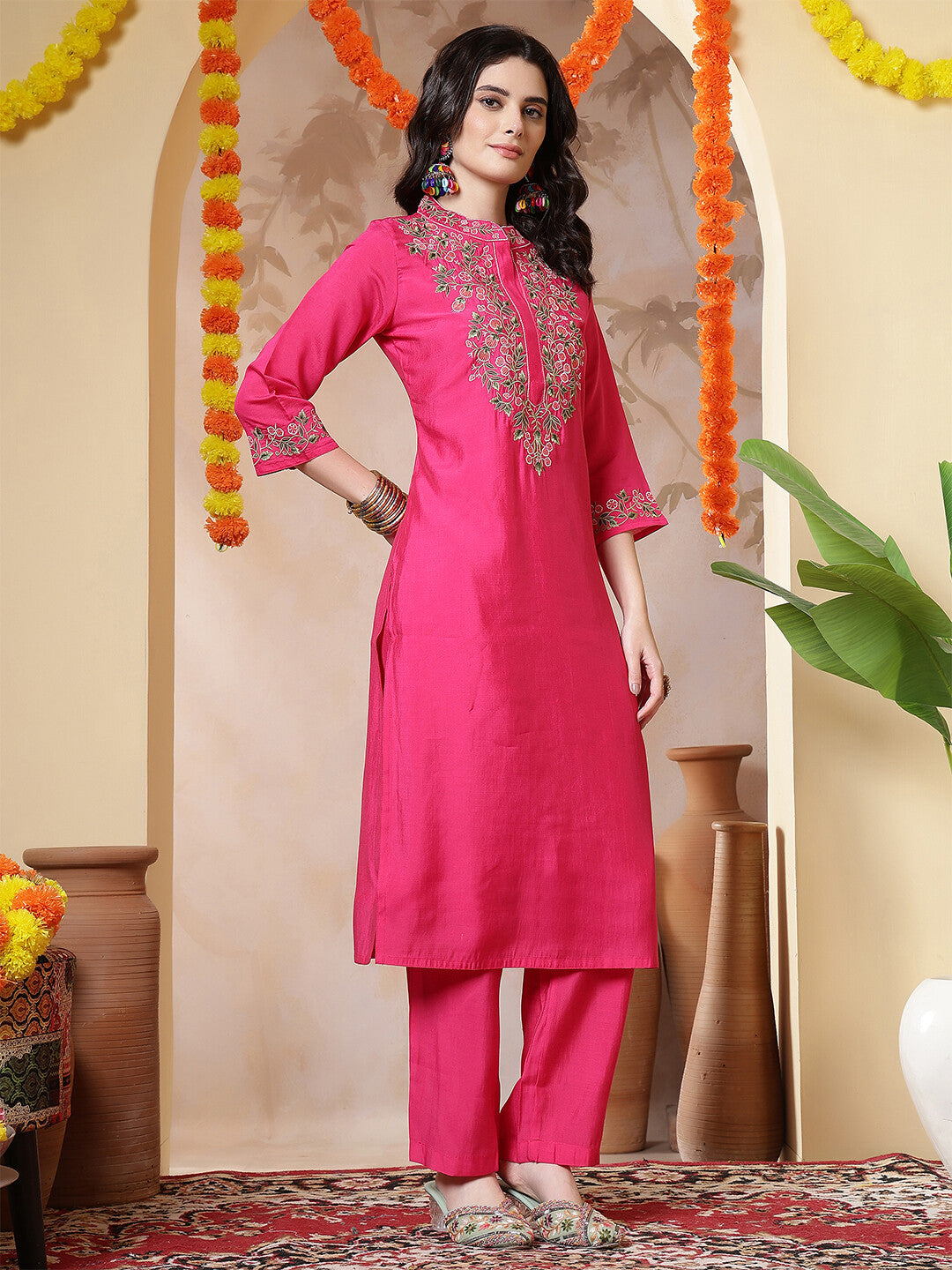Floral Embroidered Straight Kurta & Trousers Sets