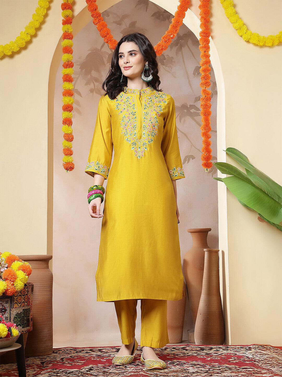 Floral Embroidered Straight Kurta & Trousers Sets
