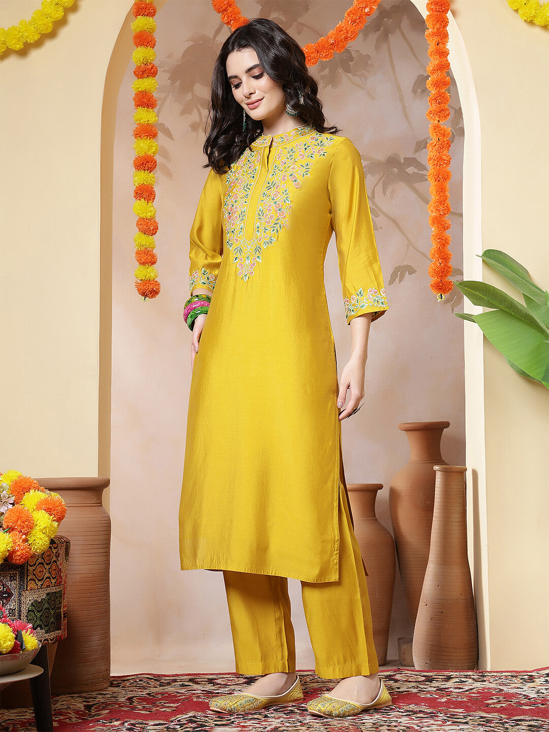 Floral Embroidered Straight Kurta & Trousers Sets