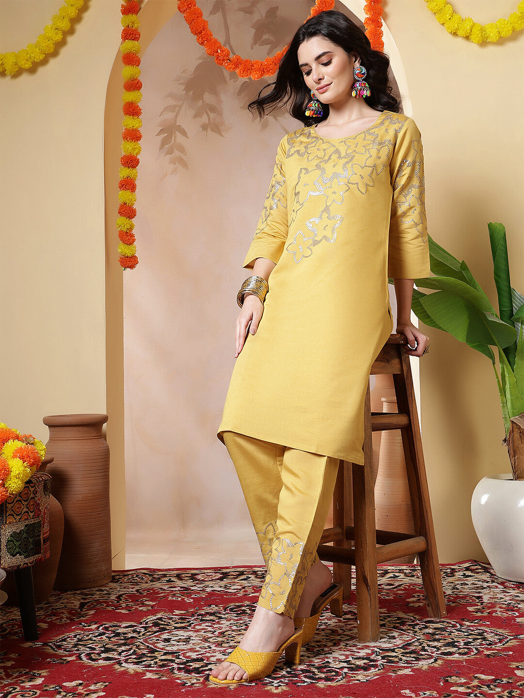 Floral Embroidered Straight Kurta & Trousers Sets