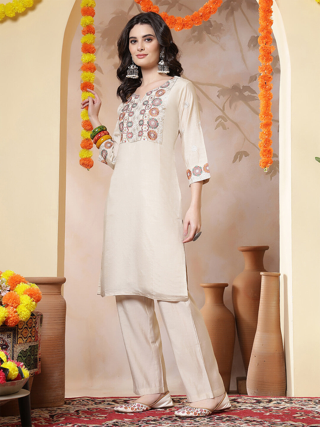 Floral Embroidered Straight Kurta & Trousers Sets