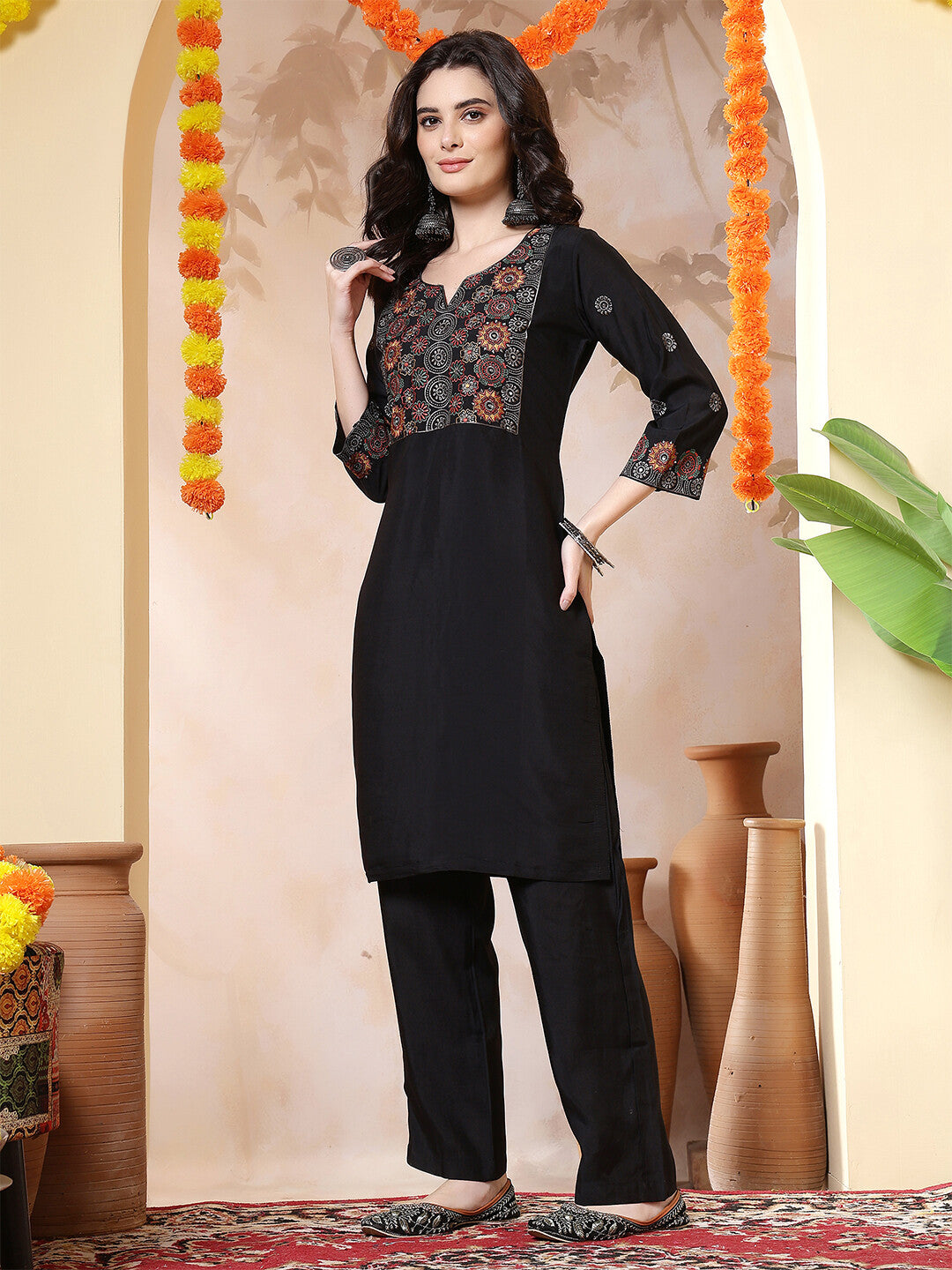 Floral Embroidered Straight Kurta & Trousers Sets